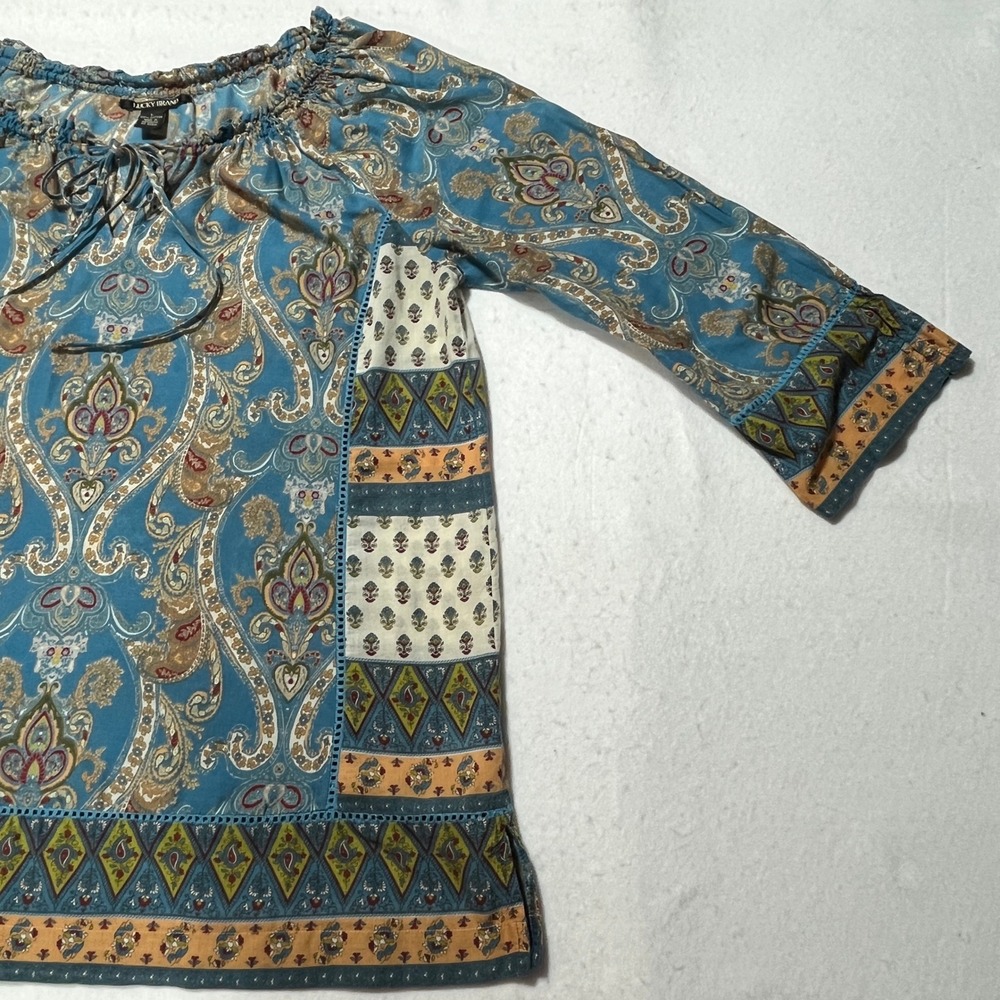 Lucky Brand Blue Paisley Patchwork 100% Cotton Peasant Blouse Top Sz L Boho - Picture 5 of 7